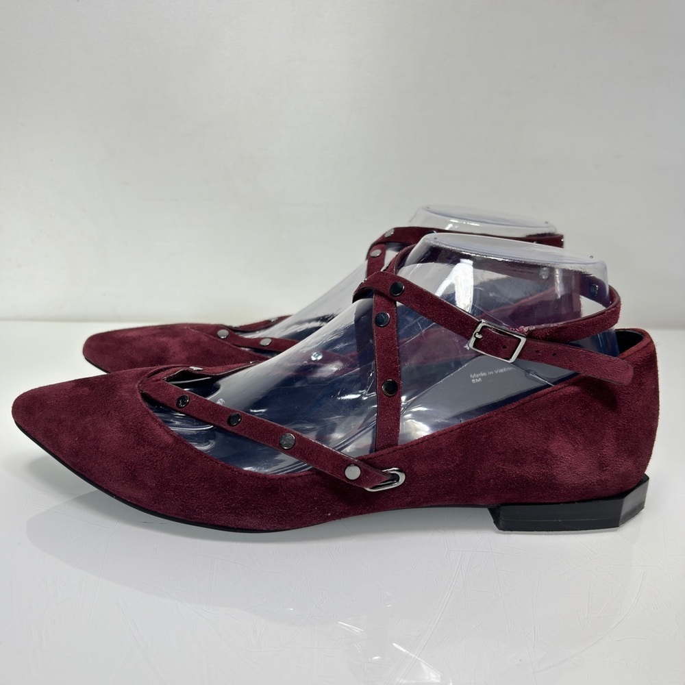 Rebecca Minkoff Faye Dark Maroon Suede Studded Straps Pointed‎ Toe Flats Size 8 - Picture 12 of 12